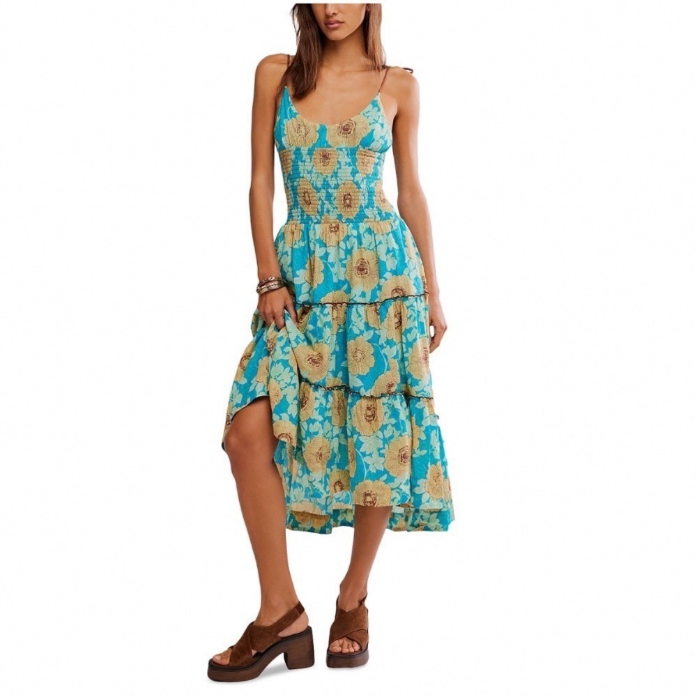 Free People Adriel Midi Dress Hawaiian Ocean Combo Floral Smocked XS NEW